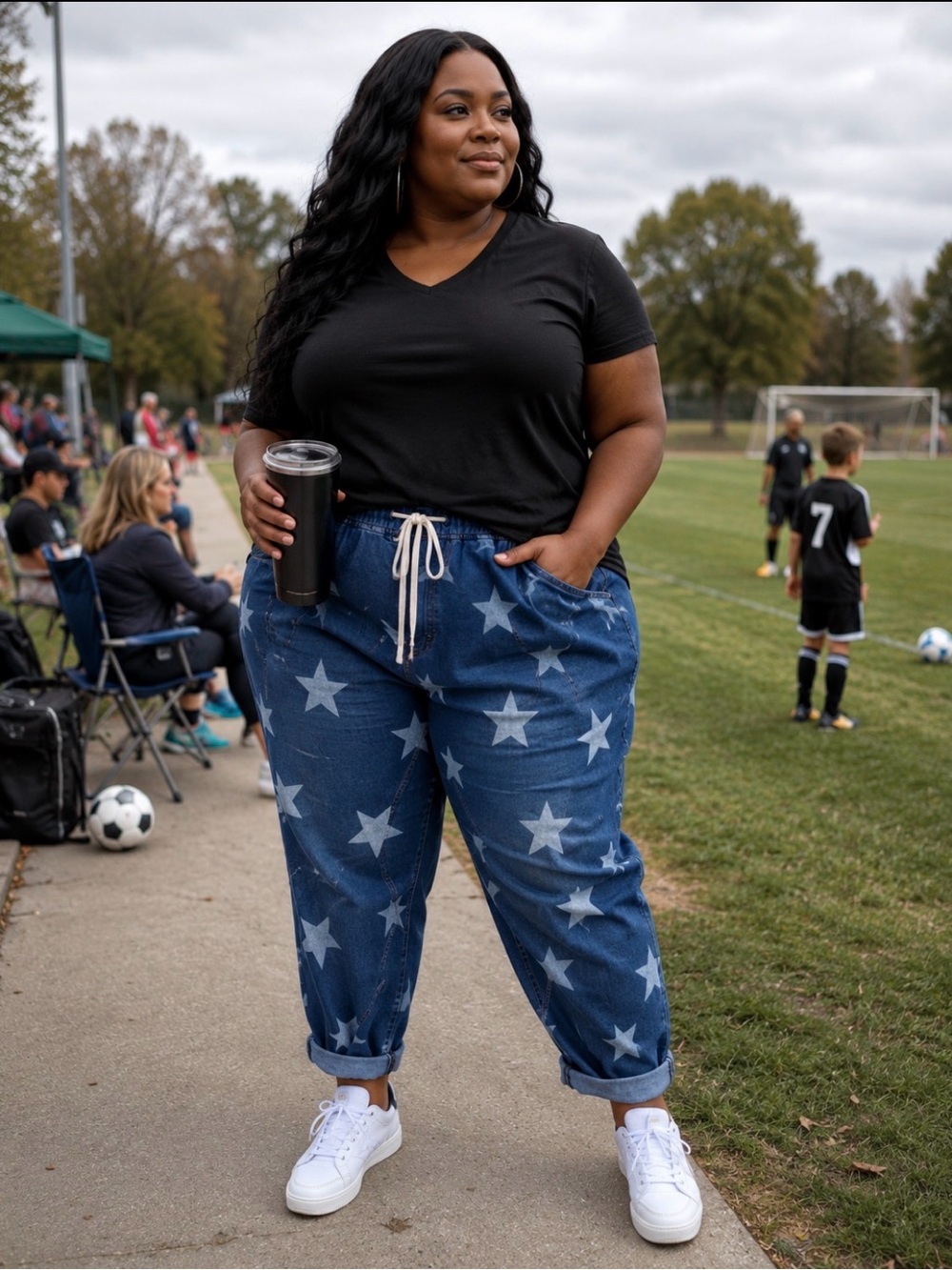 ⭐ NWT Star Print Denim Jogger Pants – Plus Size Friendly ⭐